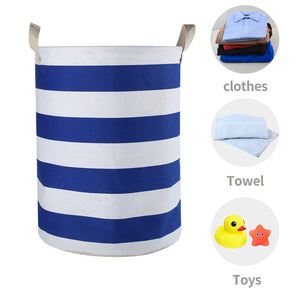 Furlinic Collapsible Laundry Baskets Large,Eco Foldable Dirty Clothes Stand Storage Hampers,Waterproof Round Inner Drawstring Clothing Bins(Available 17.7" & 19.7" Height)-Blue Srips,L.