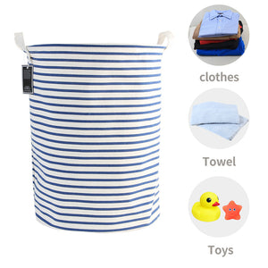 Furlinic Collapsible Laundry Baskets Large,Eco Foldable Dirty Clothes Stand Storage Hampers,Waterproof Round Inner Drawstring Clothing Bins(Available 17.7" & 19.7" Height)-Blue Narrow Stripe,L.