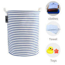 Load image into Gallery viewer, Furlinic Collapsible Laundry Baskets Large Eco Foldable Dirty Clothes Stand Storage Hampers Waterproof Round Inner Drawstring Clothing Bins-XL/H60cm x Ø40cm,Blue Narrow Stripe.