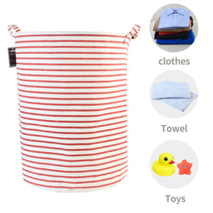 Furlinic Collapsible Laundry Baskets Large,Eco Foldable Dirty Clothes Stand Storage Hampers,Waterproof Round Inner Drawstring Clothing Bins(Available 17.7" & 19.7" Height)-Red Narrow Stripe,M.