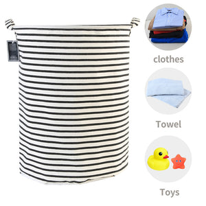 Furlinic Collapsible Laundry Baskets Large Eco Foldable Dirty Clothes Stand Storage Hampers Waterproof Round Inner Drawstring Clothing Bins-XL/H60cm x Ø40cm,Black Narrow Stripe.