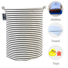 Load image into Gallery viewer, Furlinic Round Linen Laundry Baskets With Fabric Drawstring,Large Collapsible Clothes Storage Basket Waterproof Inner Ideal For Washroom,Bathroom,Restroom-(65 L)Black Narrow Stripe.
