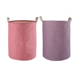 Furlinic Collapsible Laundry Baskets Large Eco Foldable Dirty Clothes Stand Storage Hampers Waterproof Round Inner Drawstring Clothing Bins-13.7" x (H) 17.7"(2 Pack-Purple Dots & Pink Dots).