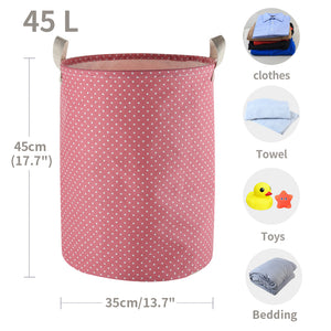 Furlinic Collapsible Laundry Baskets Large Eco Foldable Dirty Clothes Stand Storage Hampers Waterproof Round Inner Drawstring Clothing Bins-13.7" x (H) 17.7"(2 Pack-Purple Dots & Pink Dots).
