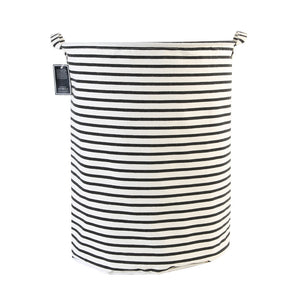Furlinic Round Linen Laundry Baskets With Fabric Drawstring,Large Collapsible Clothes Storage Basket Waterproof Inner Ideal For Washroom,Bathroom,Restroom-(65 L)Black Narrow Stripe.